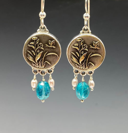 Victorian Butterfly Metal Button set in Sterling Silver Accented w/ Apetite & Pearl Accent