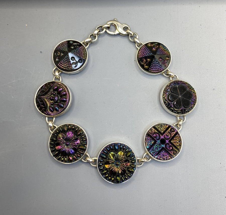 Early 1900s Czech Republic Carnival Luster Glass Buttons set in Sterling Silver Bracelet