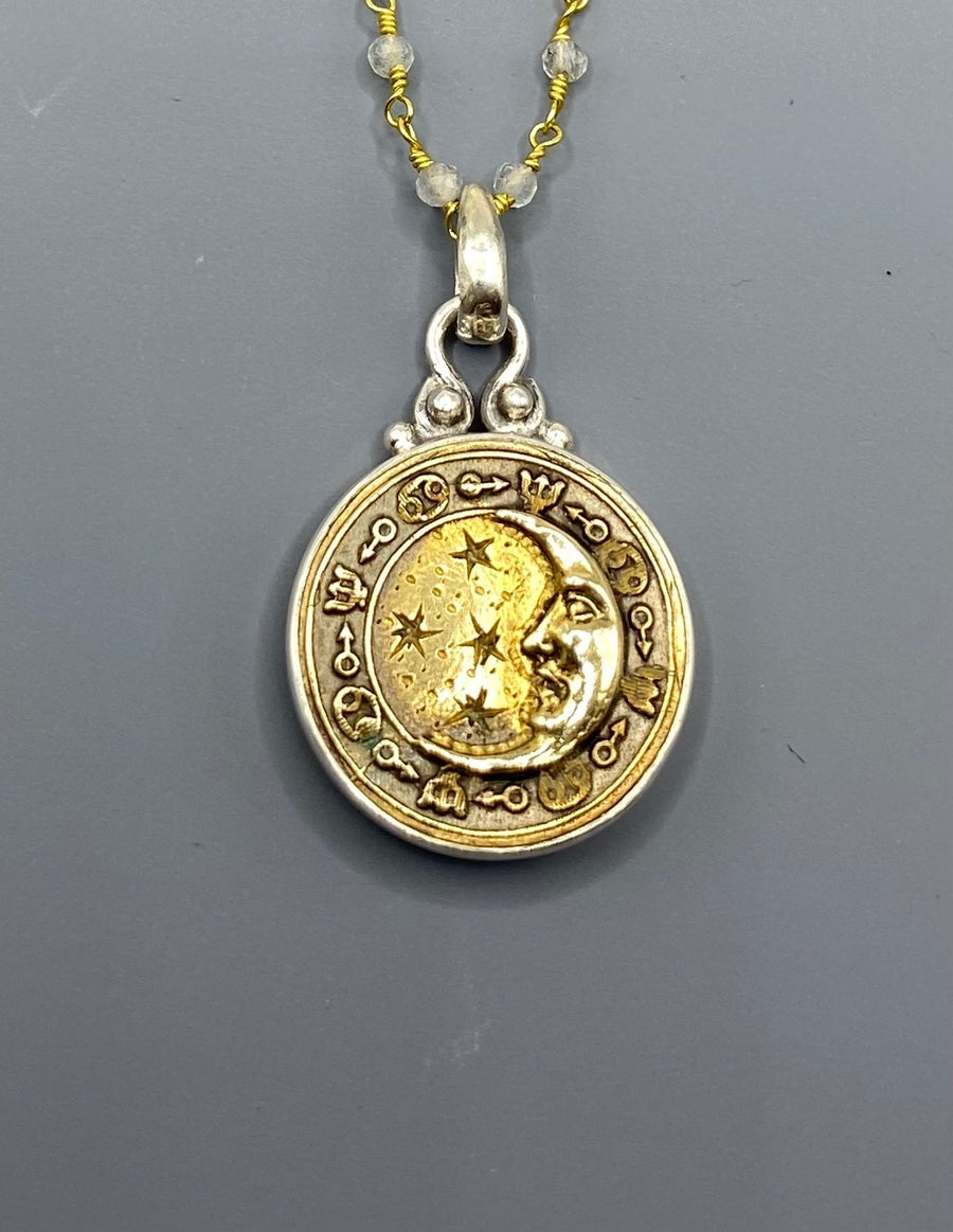 Victorian Picture Metal Moon Button set in Sterling silver w/ Pearl Necklace Accent