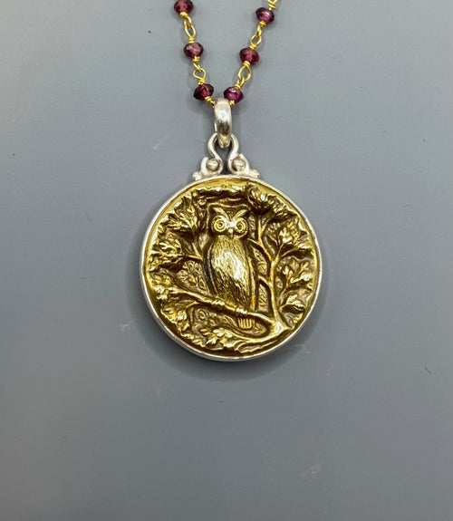 Victorian Picture Metal Owl Button set in Sterling Silver w/ Garnet Facet Stone Necklace 20"
