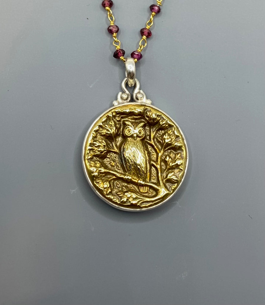 Victorian Picture Metal Owl Button set in Sterling Silver w/ Garnet Facet Stone Necklace 20"