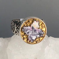 Victorian Enamel Village Scene in Gold Ornate Border Button set in Sterling Silver Ring Size 7.5