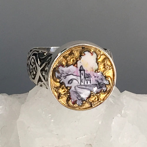Victorian Enamel Village Scene in Gold Ornate Border Button set in Sterling Silver Ring Size 7.5