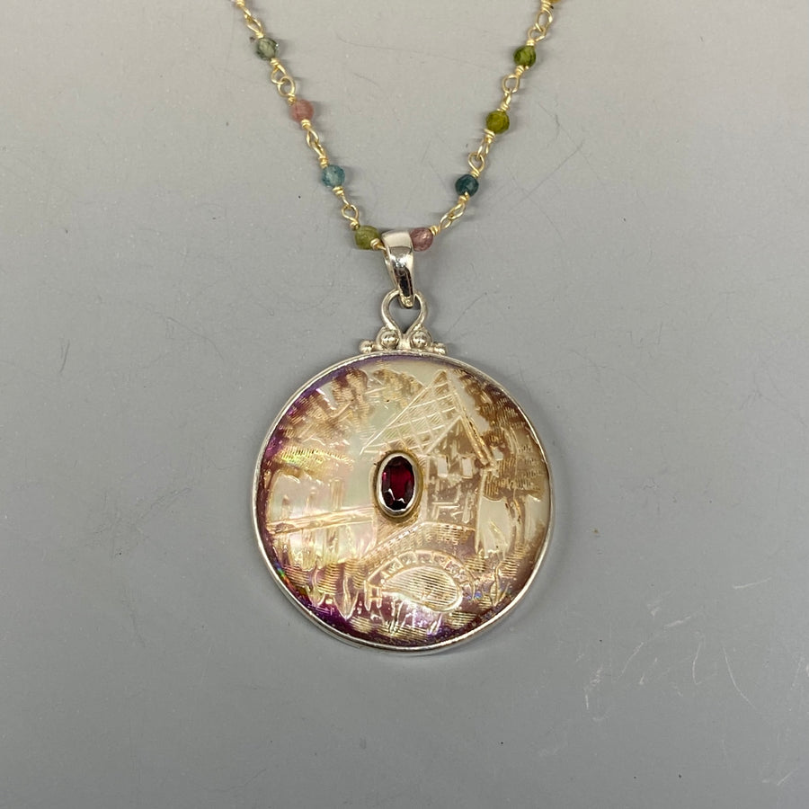 Victorian Carved Pearl Button set in Sterling Silver w/ garnet Stone center & Tourmaline Rosary Accent