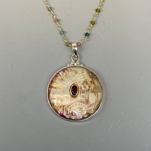 Victorian Carved Pearl Button set in Sterling Silver w/ garnet Stone center & Tourmaline Rosary Accent