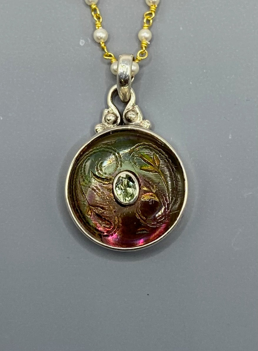 Victorian Carved Shell Button w/ Tourmaline set in Sterling silver w/ 18"Pearl Necklace