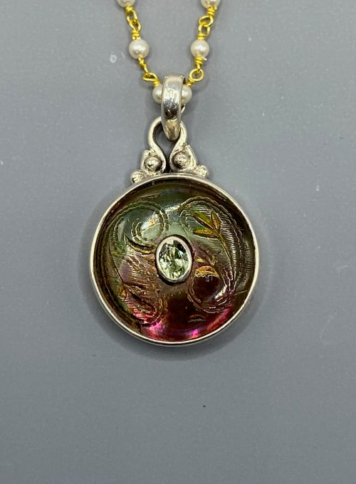 Victorian Carved Shell Button w/ Tourmaline set in Sterling silver w/ 18"Pearl Necklace