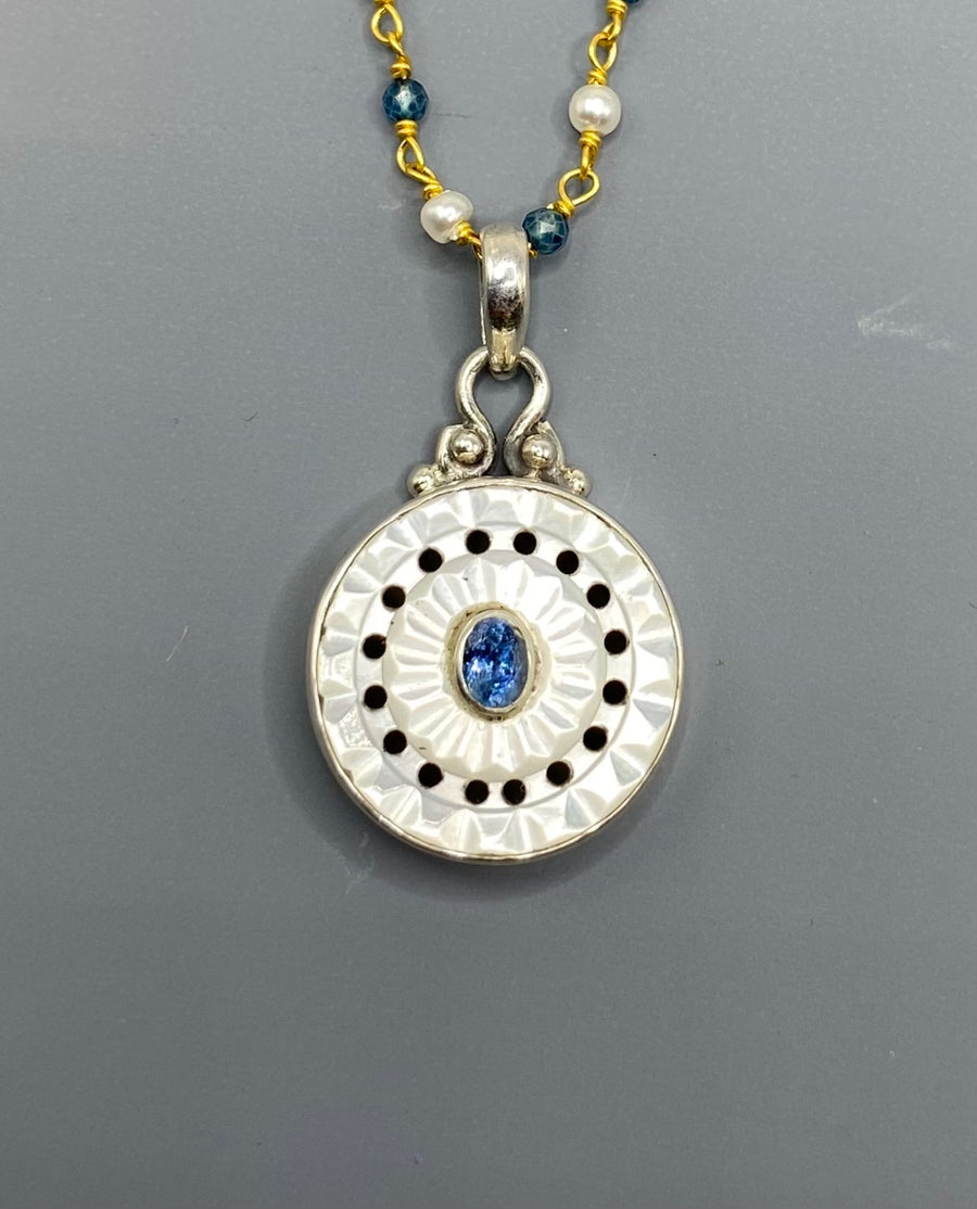 Victorian Carved Shell Button w/ Topaz set in Sterling silver w/ 18"Pearl Topaz Necklace