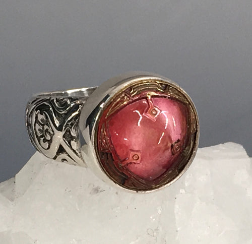 Victorian Pink Design Under Glass Czech Glass set in Brass Button set In Sterling Silver Ring Size 7.5
