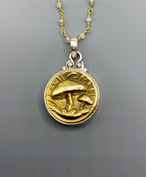 Victorian Picture Metal Mushroom Button set in Sterling Silver w/ Labradorite Facet Necklace 18" Accent