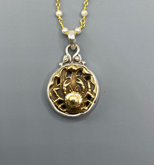 Victorian Picture Metal Crab button set in Sterling silver Pendant w/ Pearl Necklace