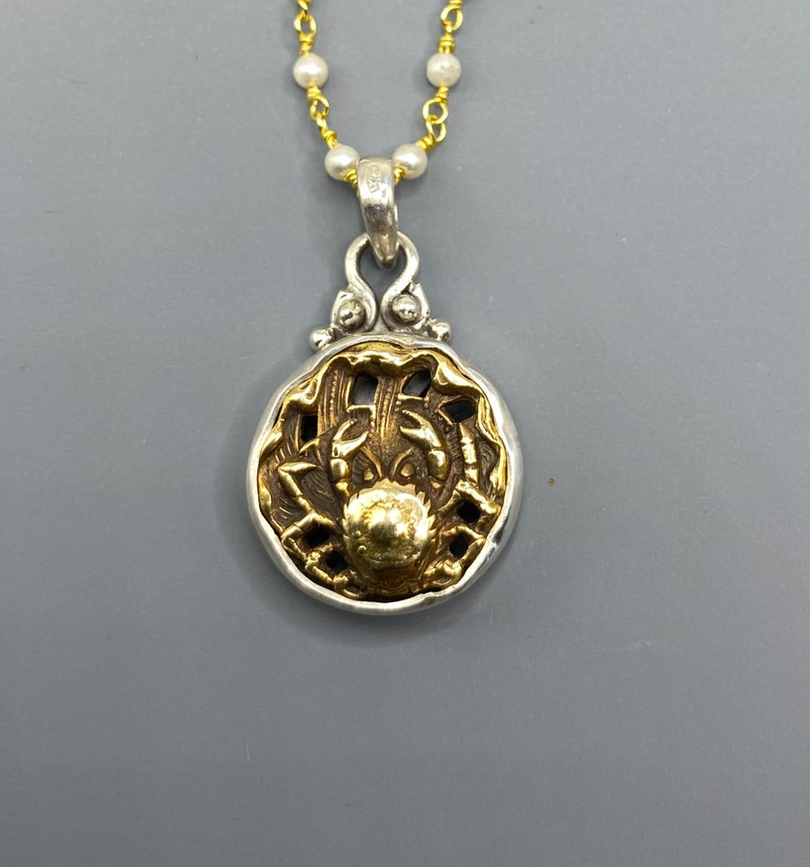 Victorian Picture Metal Crab button set in Sterling silver Pendant w/ Pearl Necklace
