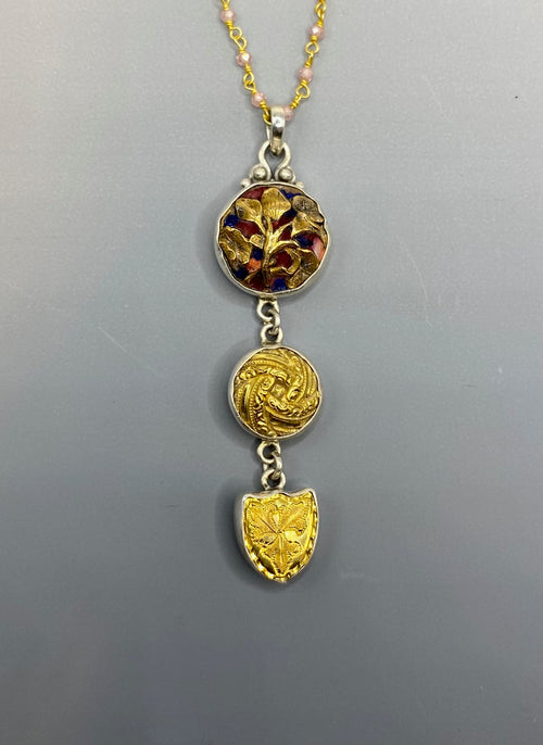 Antique 3 Button Drop Enamel Floral Button & Carved Brass Buttons set in Sterling Silver Pendant accented with Stone Facet Rosary Necklace
