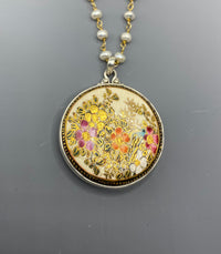 Hand Painted Floral Satsuma Button W/ 24KGold Painted Accent set in Sterling silver Pearl Facet Necklace