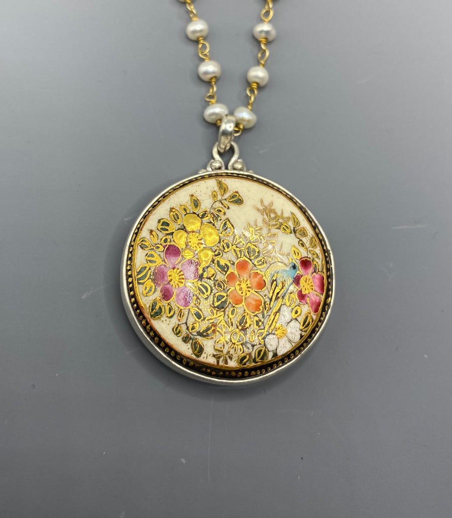 Hand Painted Floral Satsuma Button W/ 24KGold Painted Accent set in Sterling silver Pearl Facet Necklace