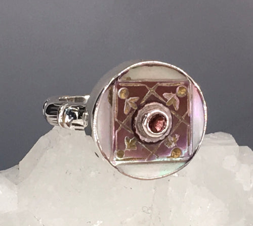 Victorian Carved Pearl Floral Button w/ Facet Tourmaline Center set in Sterling Silver Ring Size 7.5