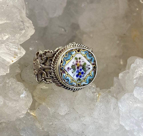 Victorian Hand Painted Sterling Floral Enamel Button set in Filigree Sterling Silver Ring Size 7-3/4