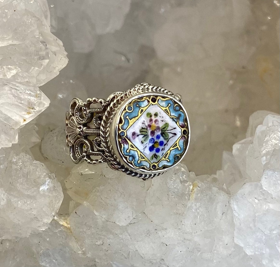 Victorian Hand Painted Sterling Floral Enamel Button set in Filigree Sterling Silver Ring Size 7-3/4