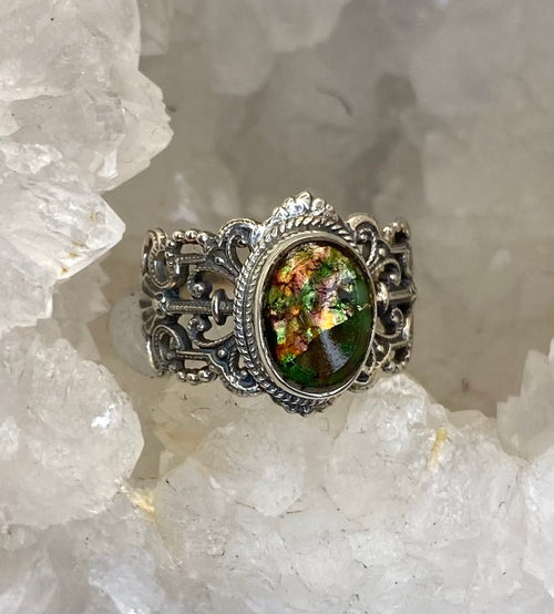 Victorian Leo Popper Glass Button set in Filigree Sterling Silver Ring Size 7-1/2