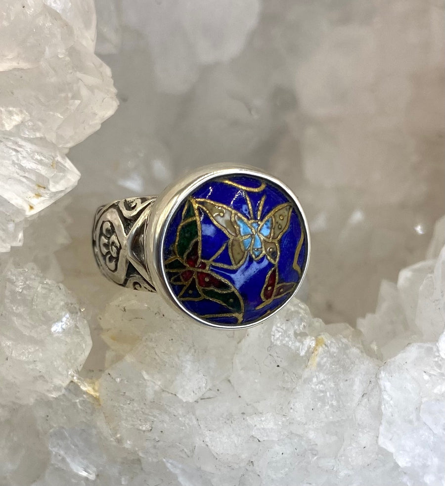 Victorian Hand Painted Butterfly Enamel Button set in Sterling Silver Ring Size 6-3/4