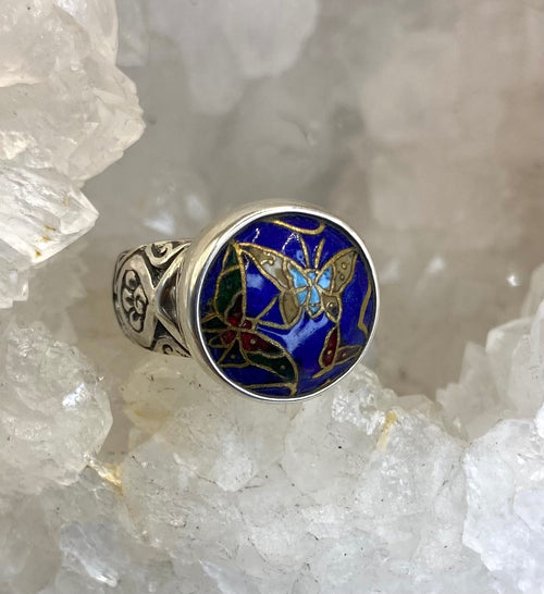 Victorian Hand Painted Butterfly Enamel Button set in Sterling Silver Ring Size 6-3/4