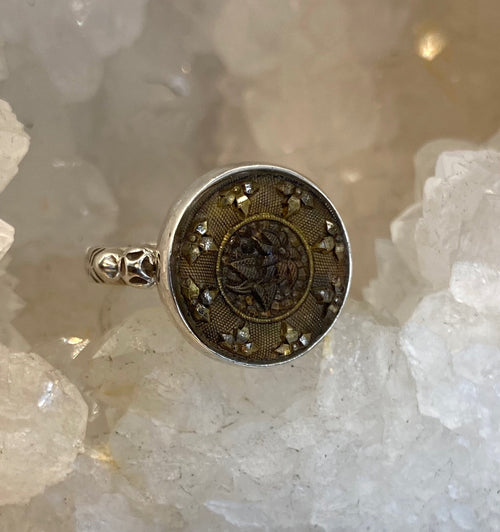 Vintage Czech Republic Rare Lacy Glass Button set in Sterling Silver Ring Size 7