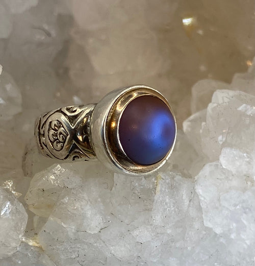 Vintage Czech Republic Saphiret Glass Button 24K gold Melted in Blue Glass set in Sterling Silver Ring Size 7-3/4