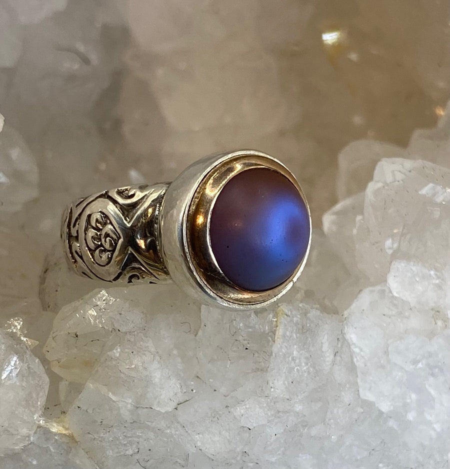 Vintage Czech Republic Saphiret Glass Button 24K gold Melted in Blue Glass set in Sterling Silver Ring Size 7-3/4
