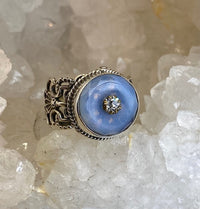 Vintage Czech Republic Opalescent Facet Glass Button set in Sterling Silver Ring Size 7