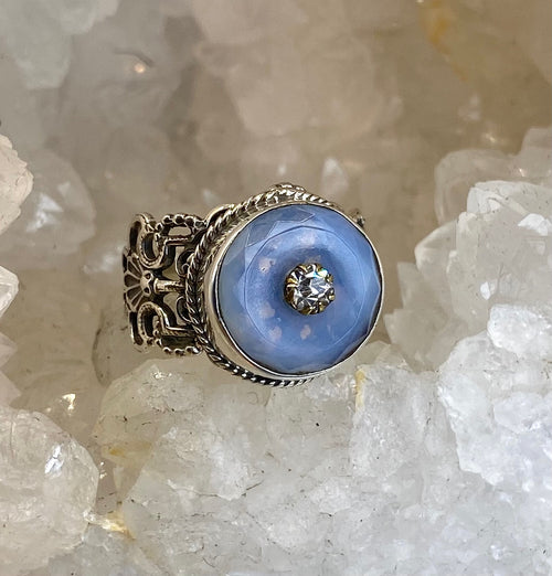 Vintage Czech Republic Opalescent Facet Glass Button set in Sterling Silver Ring Size 7