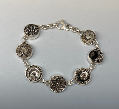 Early 1900s Czech Republic Silver Luster Glass Buttons set in Sterling Silver Bracelet