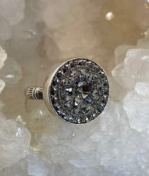 Vintage Czech Republic Luster Glass Button set in Sterling Silver Ring Size 7-1/2