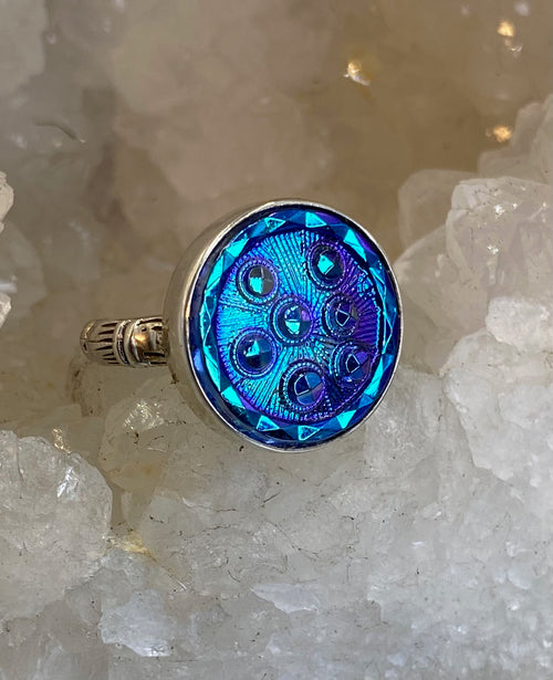 Vintage Czech Republic Luster Glass Button set in Sterling Silver Ring Size 7-1/2