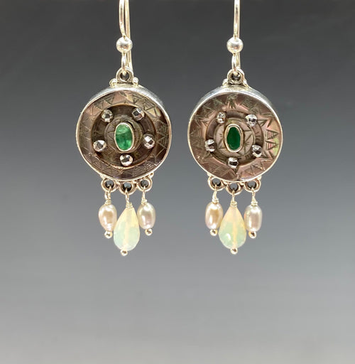Carved Shell Buttons w/ Emerald Stone Center Buttons set in Sterling Silver w/ Ethiopian Opal & Pearl Accent
