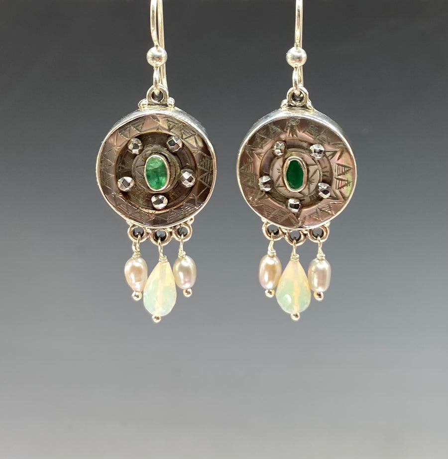Carved Shell Buttons w/ Emerald Stone Center Buttons set in Sterling Silver w/ Ethiopian Opal & Pearl Accent