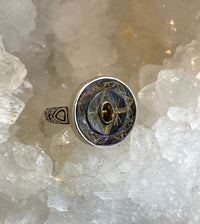 Victorian Carved Tinted Shell Button w/ Tourmaline Facet Center set in Sterling Silver Ring Size 8-1/4