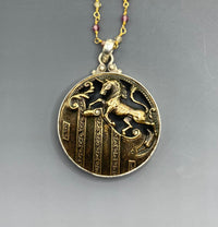 Victorian Pegasus Metal Button set in Sterling Silver Accented w/ Sapphire Facet Rosary Necklace