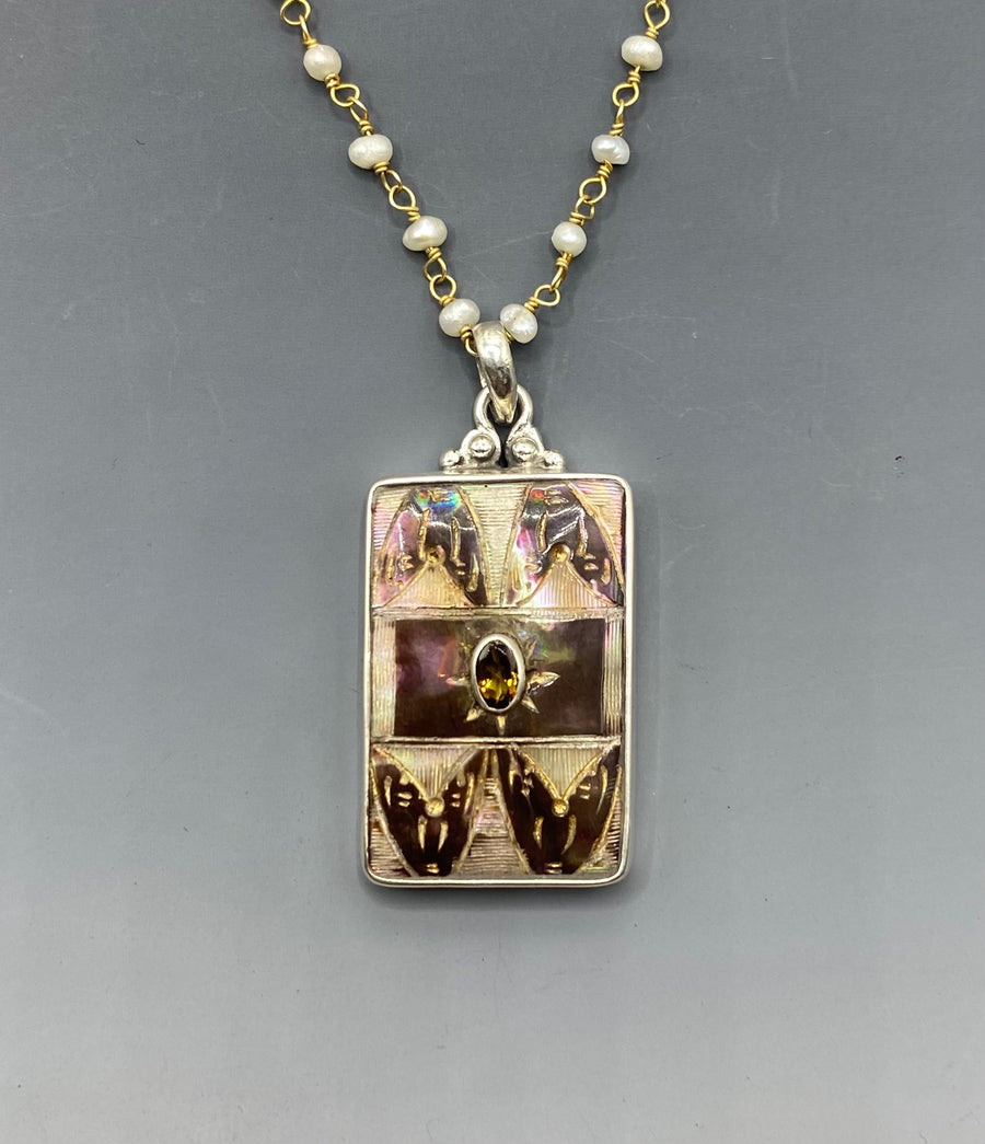 Victorian Carved Shell Button w/ Tourmaline Facet Stone Center set in Sterling Silver Accented with Pearl Rosary