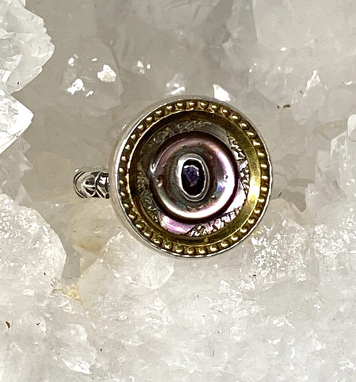 Victorian Carved Tinted Shell Pearl Button With Garnet Center set in Sterling Silver Ring Design Size 8