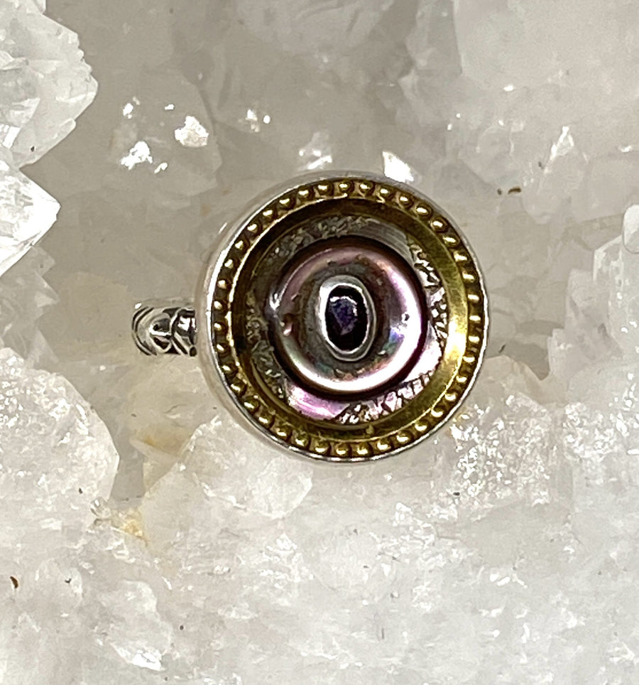Victorian Carved Tinted Shell Pearl Button With Garnet Center set in Sterling Silver Ring Design Size 8