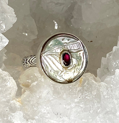 Victorian Carved Tinted Shell Pearl Button With Garnet Center set in Sterling Silver Ring Design Size 7