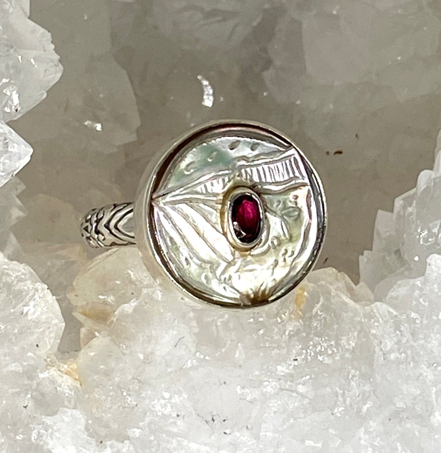 Victorian Carved Tinted Shell Pearl Button With Garnet Center set in Sterling Silver Ring Design Size 7