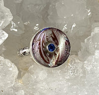 Victorian Carved Tinted Shell Pearl Button With Topaz Center set in Sterling Silver Ring Design Size 8