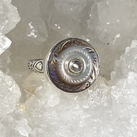 Victorian Carved Tinted Shell Pearl Button With Pearl Center set in Sterling Silver Ring Design Size 8