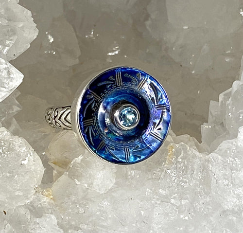 Victorian Carved Tinted Shell Pearl Button With Topaz Center set in Sterling Silver Ring Design Size 7