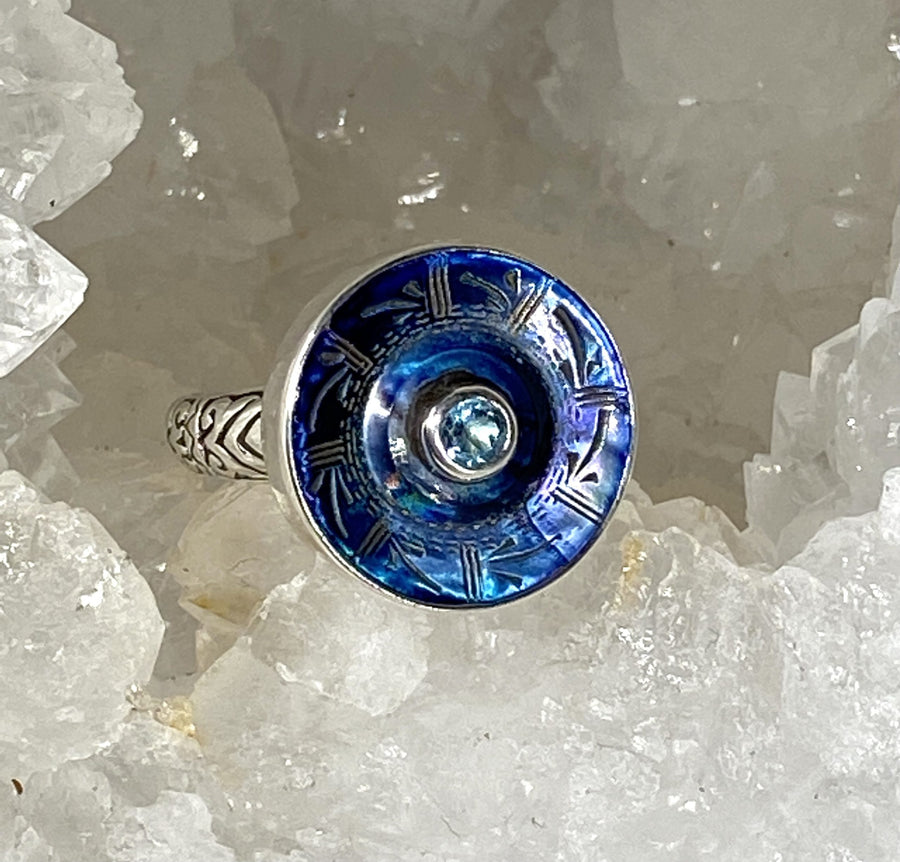Victorian Carved Tinted Shell Pearl Button With Topaz Center set in Sterling Silver Ring Design Size 7