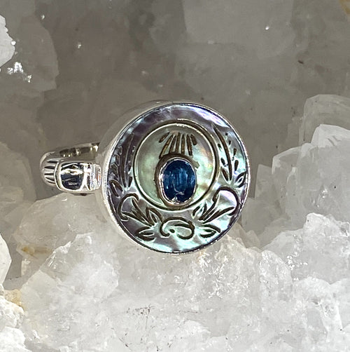 Victorian Carved Pearl Shell Button with Topaz Center set in Sterling Silver Ring Setting Size 8.5