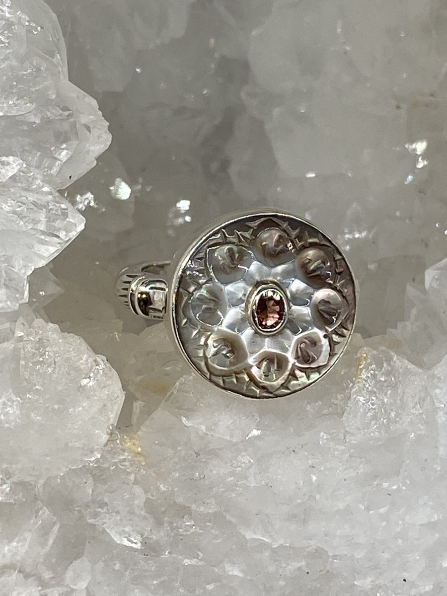Victorian Carved Pearl Shell Button with Tourmaline Center set in Sterling Silver Ring Setting Size 7.5