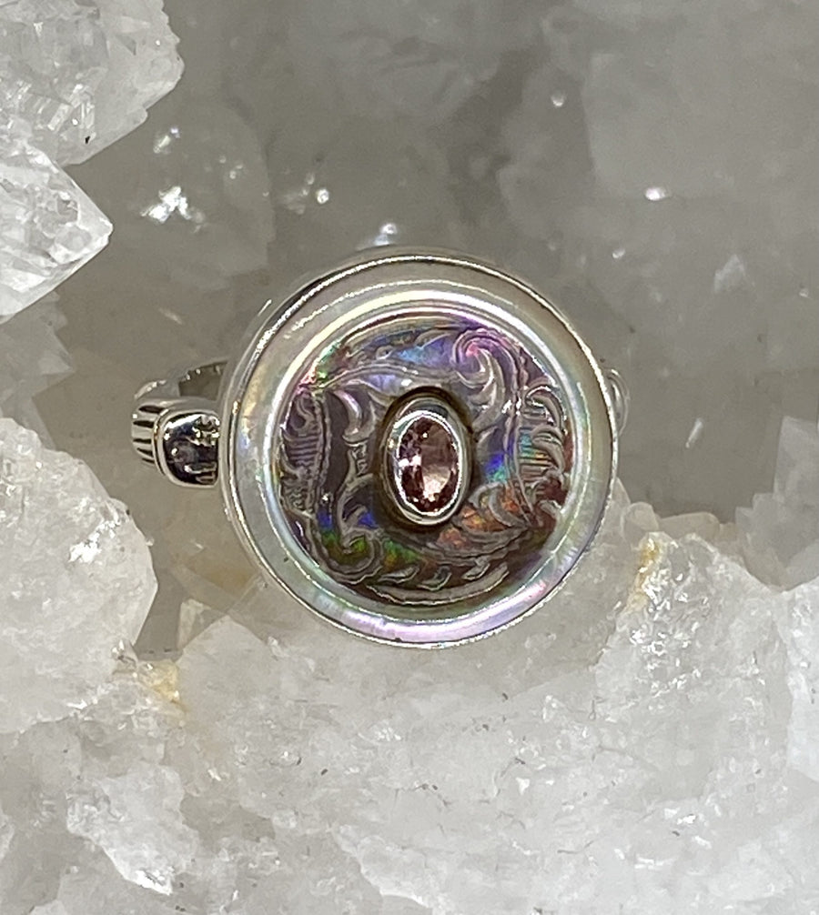 Victorian Carved Pearl Shell Button with Tourmaline Center set in Sterling Silver Ring Setting Size 8