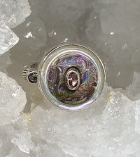 Victorian Carved Pearl Shell Button with Tourmaline Center set in Sterling Silver Ring Setting Size 8